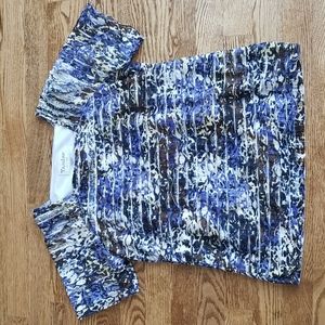 (S) TanJay Multicolored Sheer Ruffle Lined Short Sleeve Square Neckline Top